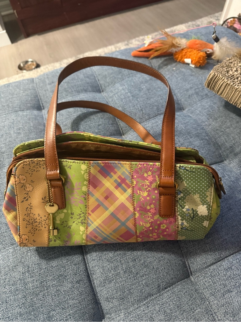 Fossil Patchwork Floral Multicolor Shoulder Bag with Brown Straps